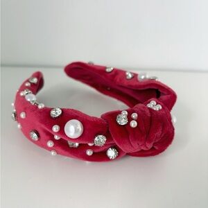 Tahari Red Velvet Embellished Knotted Headband with Pearls and Rhinestones NWOT
